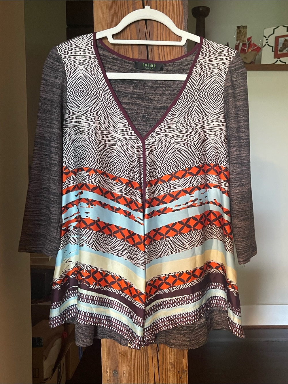 Poem by Citron - Printed V-Neck Patterned Women's Top in Multi-Color